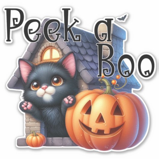 Spooky Peek-a-Boo Black Cat en pompoen Halloween Sticker (Voorkant)