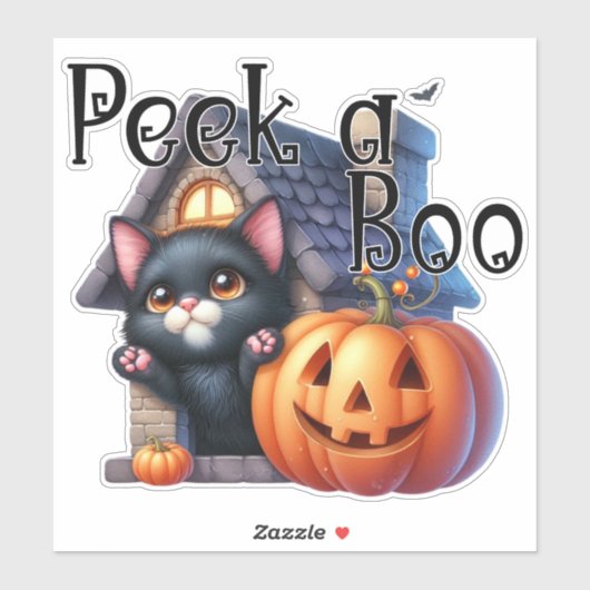 Spooky Peek-a-Boo Black Cat en pompoen Halloween Sticker (Vel)