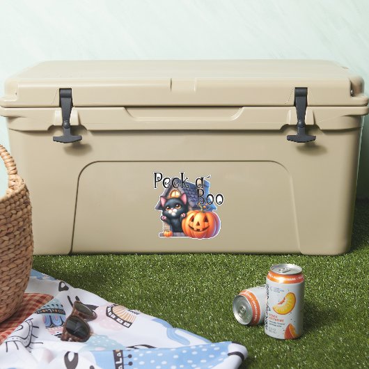 Spooky Peek-a-Boo Black Cat en pompoen Halloween Sticker (Koeler)