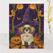 Spooky pekinees hond Halloween heks en pompoen Kaart (Gele Bloem)