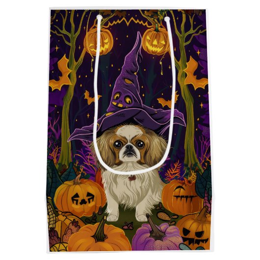 Spooky pekinees hond Halloween heks en pompoen Medium Cadeauzakje (Achterkant)