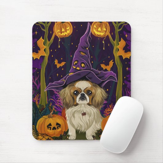 Spooky pekinees hond Halloween heks en pompoen Muismat (Met muis)