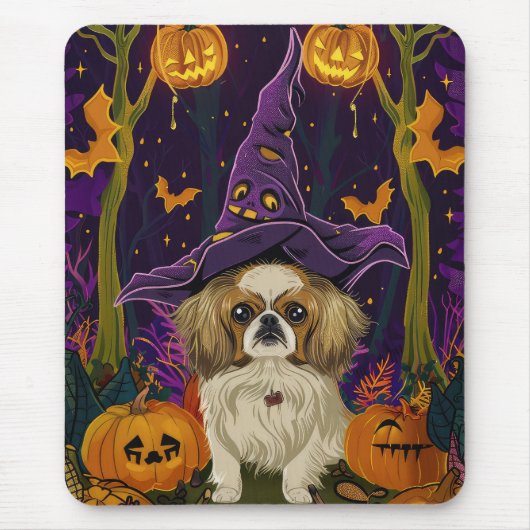 Spooky pekinees hond Halloween heks en pompoen Muismat (Voorkant)