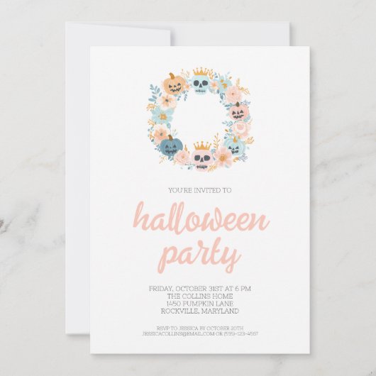 Spooky Pink Skull Floral Wreath Halloween Party Kaart (Voorkant)