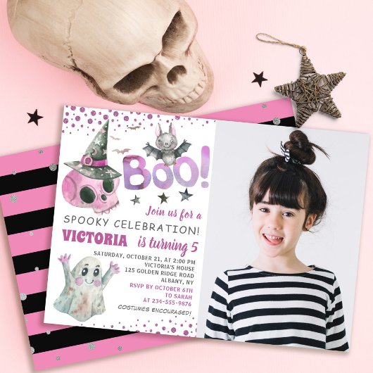 Spooky Pink Skull Girl Halloween Birthday Foto Kaart