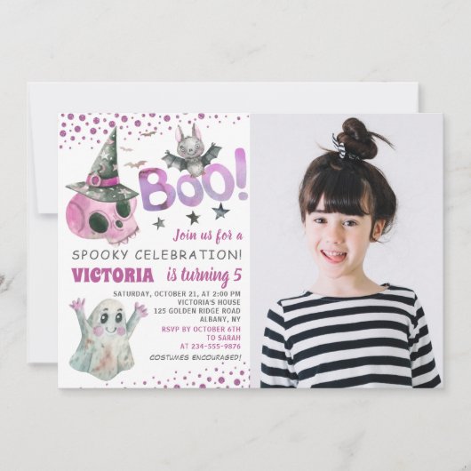Spooky Pink Skull Girl Halloween Birthday Foto Kaart (Voorkant)
