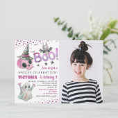 Spooky Pink Skull Girl Halloween Birthday Foto Kaart (Staand voorkant)