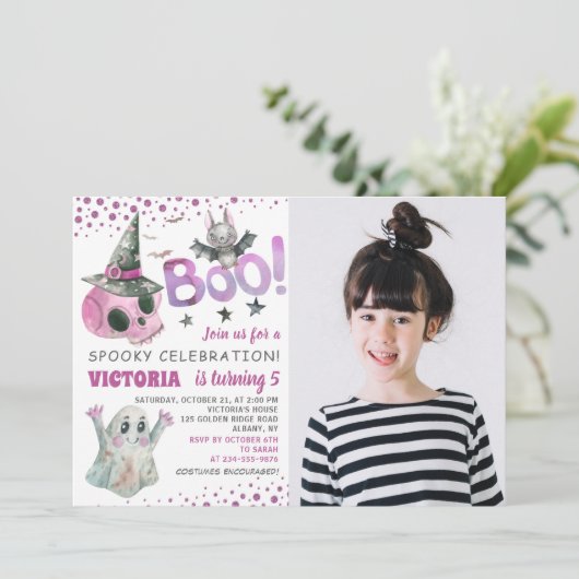 Spooky Pink Skull Girl Halloween Birthday Foto Kaart (Staand voorkant)