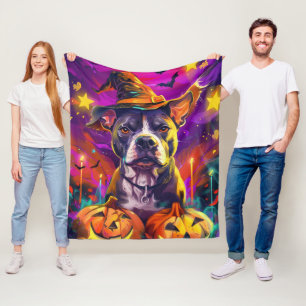 Spooky Pitbull Hond Halloween Heks en Pompoen Fleece Deken