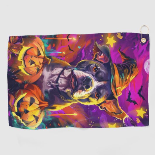 Spooky Pitbull Hond Halloween Heks en Pompoen Golfhanddoek (Horizontaal)