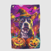 Spooky Pitbull Hond Halloween Heks en Pompoen Golfhanddoek (Voorkant)