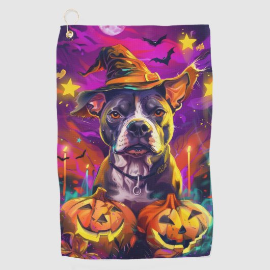 Spooky Pitbull Hond Halloween Heks en Pompoen Golfhanddoek (Voorkant)