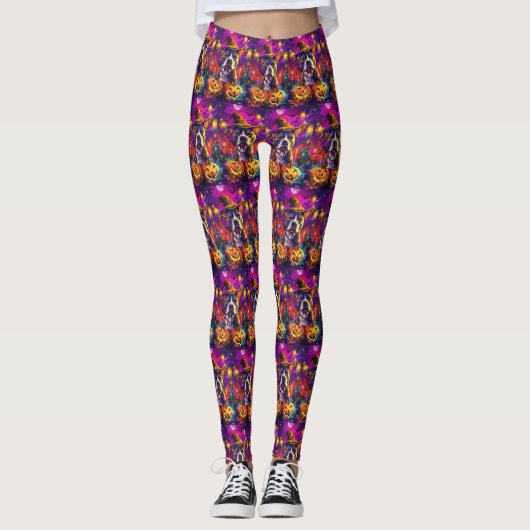Spooky Pitbull Hond Halloween Heks en Pompoen Leggings (Voorkant)