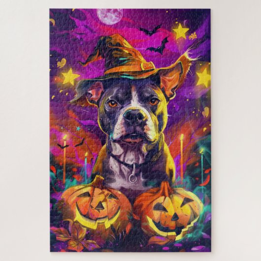 Spooky Pitbull Hond Halloween Heks en Pompoen Legpuzzel (Verticaal)