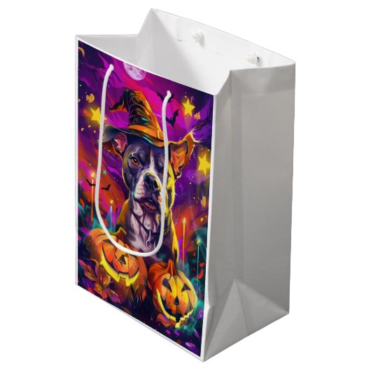 Spooky Pitbull Hond Halloween Heks en Pompoen Medium Cadeauzakje (Voorkant Gekanteld)
