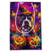 Spooky Pitbull Hond Halloween Heks en Pompoen Medium Cadeauzakje (Voorkant)