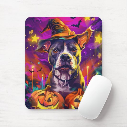 Spooky Pitbull Hond Halloween Heks en Pompoen Muismat (Met muis)