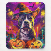 Spooky Pitbull Hond Halloween Heks en Pompoen Muismat (Voorkant)