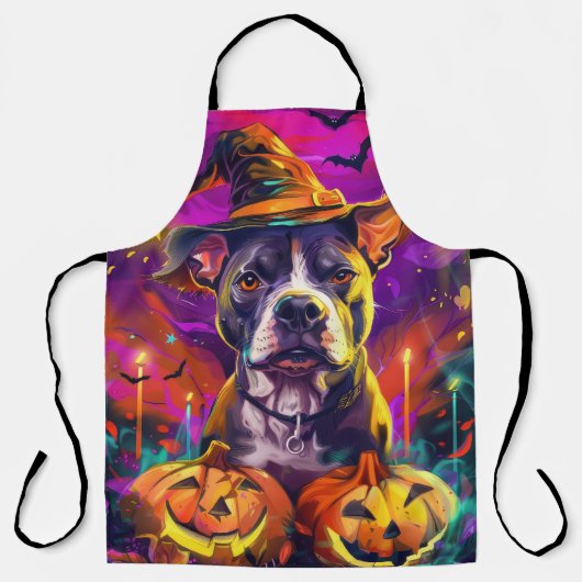 Spooky Pitbull Hond Halloween Heks en Pompoen Schort (Voorkant)