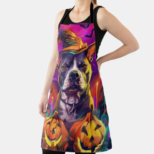 Spooky Pitbull Hond Halloween Heks en Pompoen Schort (Insitu)