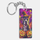 Spooky Pitbull Hond Halloween Heks en Pompoen Sleutelhanger (Voorkant Links)