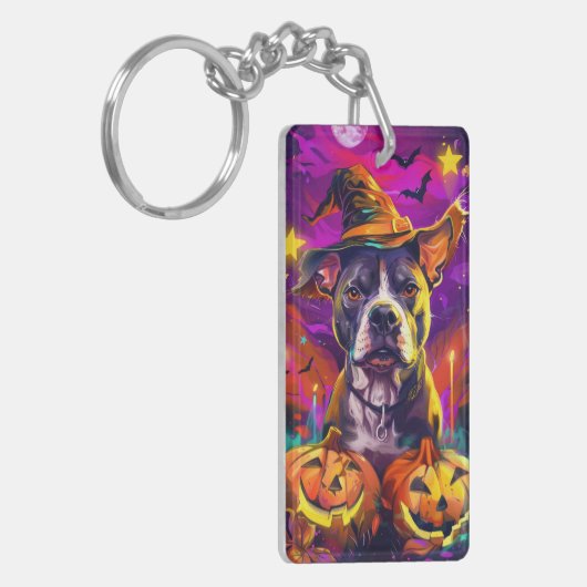 Spooky Pitbull Hond Halloween Heks en Pompoen Sleutelhanger (Voorkant Links)