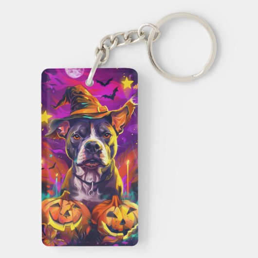 Spooky Pitbull Hond Halloween Heks en Pompoen Sleutelhanger (achterkant)