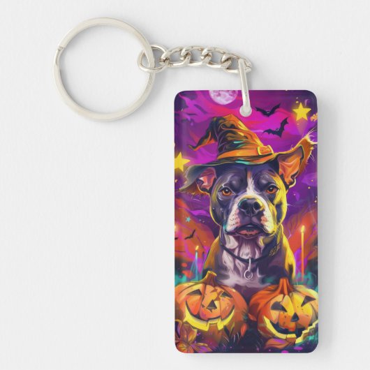 Spooky Pitbull Hond Halloween Heks en Pompoen Sleutelhanger (Voorkant)