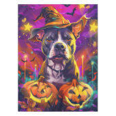 Spooky Pitbull Hond Halloween Heks en Pompoen Tafelkleed (Voorkant)