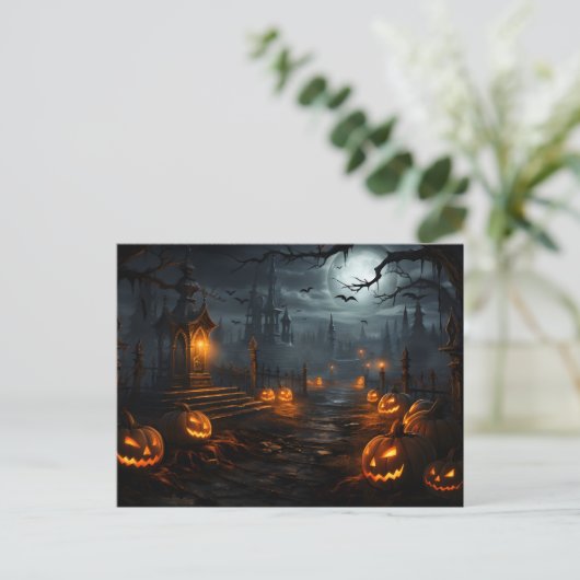 Spooky plek, volle maan, pompoenen, Halloween nach Briefkaart (Staand voorkant)