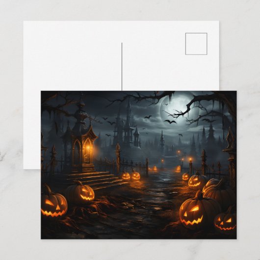Spooky plek, volle maan, pompoenen, Halloween nach Briefkaart (Voorkant / Achterkant)