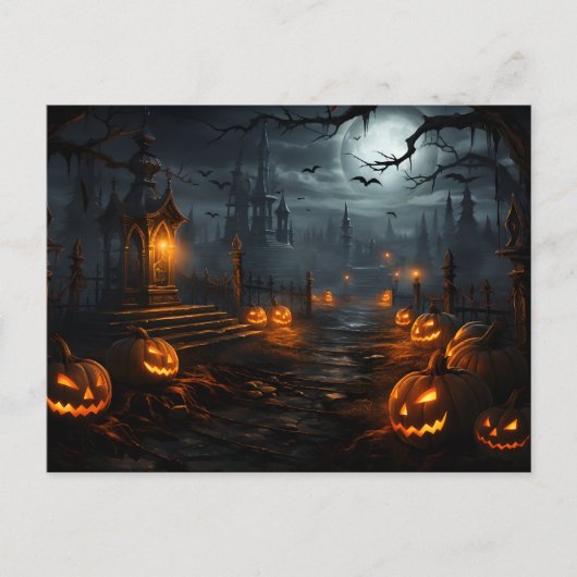 Spooky plek, volle maan, pompoenen, Halloween nach Briefkaart (Voorkant)