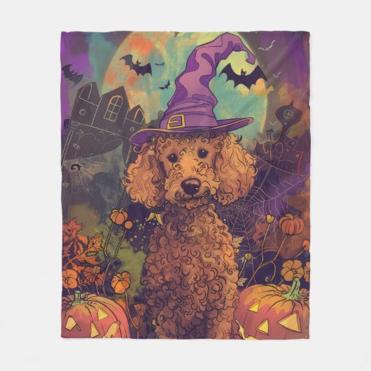 Spooky Poedel Hond Halloween Heks en Pompoen Fleece Deken (Voorkant)