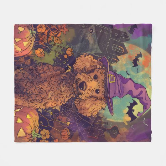 Spooky Poedel Hond Halloween Heks en Pompoen Fleece Deken (Voorkant (Horizontaal))
