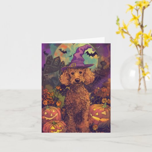 Spooky Poedel Hond Halloween Heks en Pompoen Kaart (Gele Bloem)