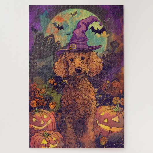 Spooky Poedel Hond Halloween Heks en Pompoen Legpuzzel (Verticaal)