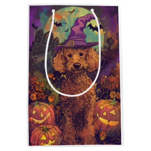 Spooky Poedel Hond Halloween Heks en Pompoen Medium Cadeauzakje (Voorkant)