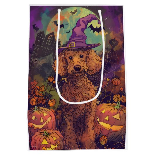 Spooky Poedel Hond Halloween Heks en Pompoen Medium Cadeauzakje (Achterkant)