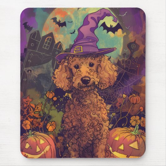 Spooky Poedel Hond Halloween Heks en Pompoen Muismat (Voorkant)