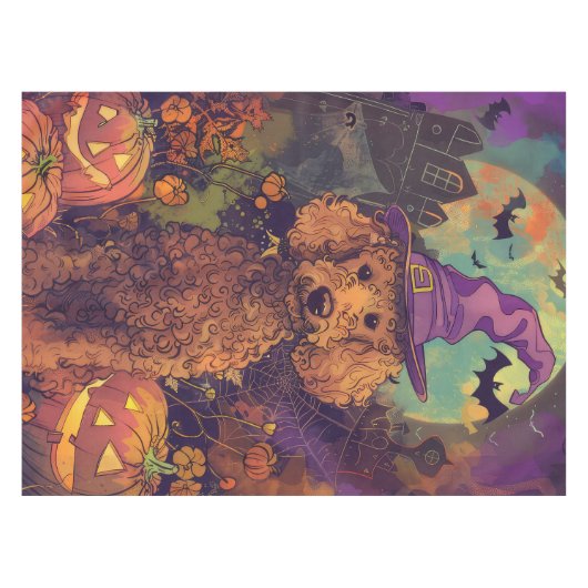 Spooky Poedel Hond Halloween Heks en Pompoen Tafelkleed (Voorkant (Horizontaal))
