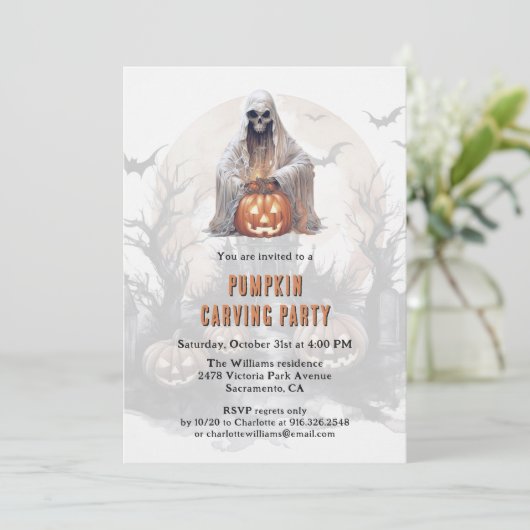 Spooky Pompoen Carving Party Halloween Kaart (Staand voorkant)