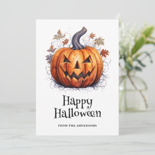 Spooky pompoen herfstbladeren Happy Halloween Kaar Feestdagenkaart (Staand voorkant)