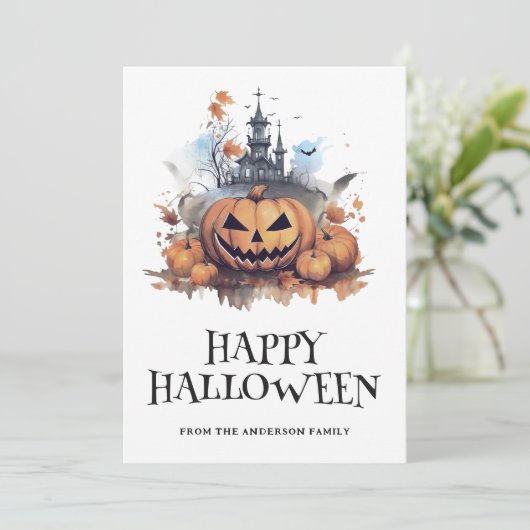 Spooky pompoen spookhuis Happy Halloween Kaart (Staand voorkant)