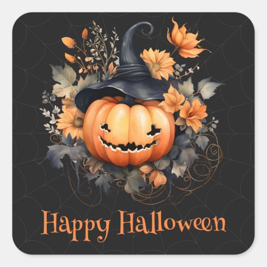 Spooky Pompoen Web Zwart Sinaasappel Happy Hallowe Vierkante Sticker (Voorkant)