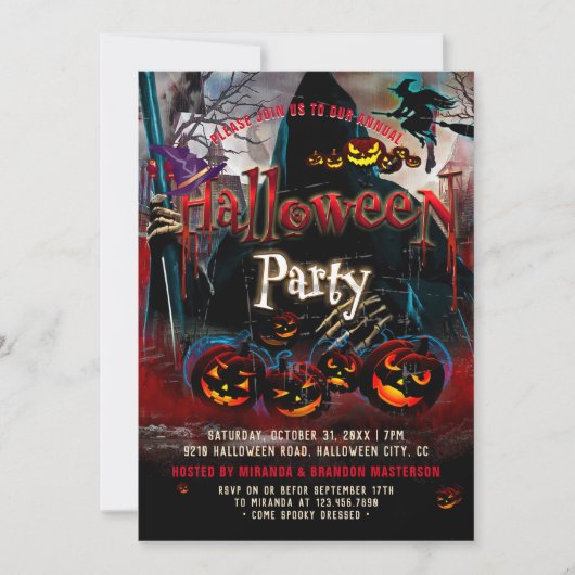 Spooky Pompoenen Heks Halloween Feestuitnodiging Kaart (Voorkant)