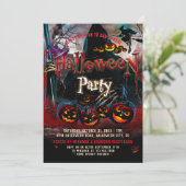 Spooky Pompoenen Heks Halloween Feestuitnodiging Kaart (Staand voorkant)