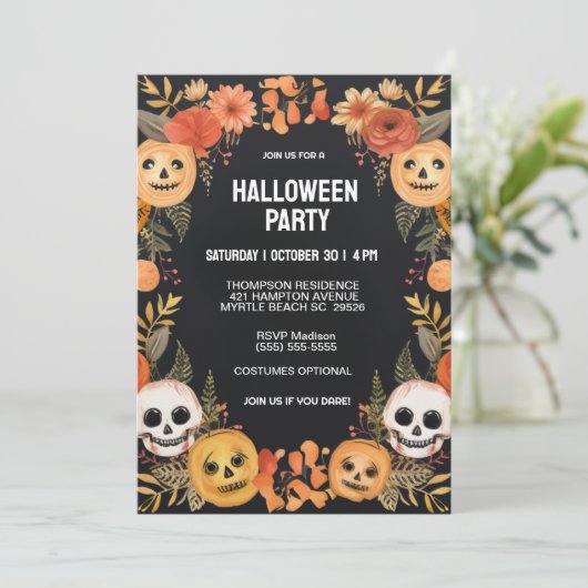 Spooky pompoenen schedels Halloween Party Kaart (Staand voorkant)