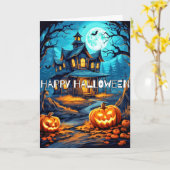 Spooky pompoenen spookhuis gelukkig Halloween Kaart (Gele Bloem)