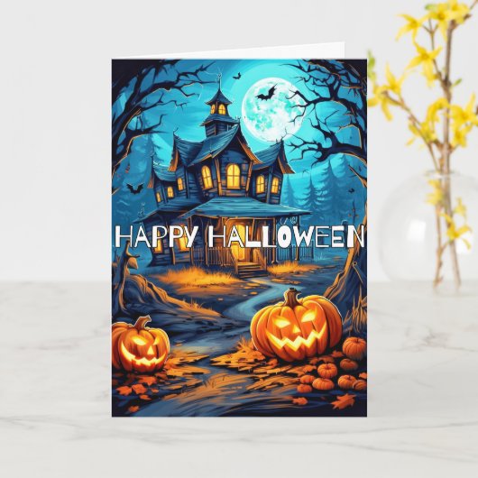 Spooky pompoenen spookhuis gelukkig Halloween Kaart (Gele Bloem)