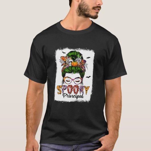 Spooky Principal Leopard Messy Bun Skull Witch Hal T-shirt (Voorkant)